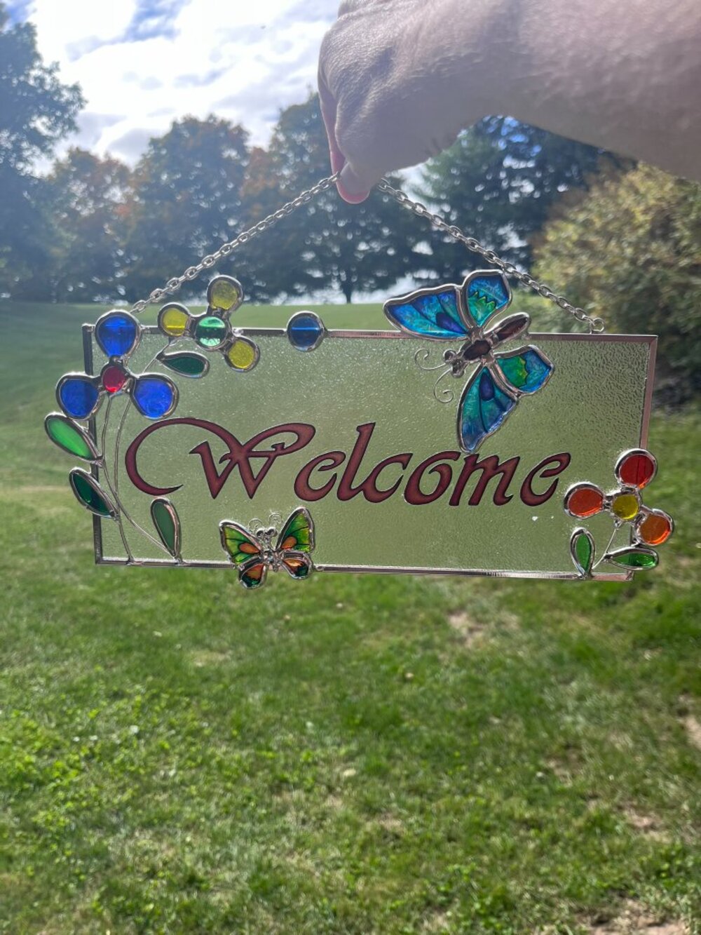 Stained Glass Butterfly Welcome Sign Hanging Suncatcher Decor 11"x10"